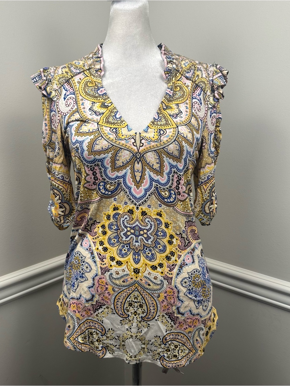 Hale Bob Yellow Multi Paisley V-Neck Ruffle Sleeve Blouse XS